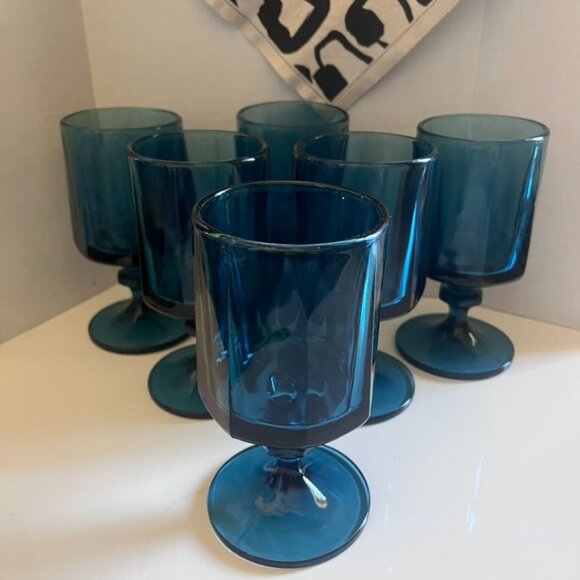 Vintage Colony Nouveau Riviera Blue Glass Water Goblets Set Of 6 MCM 8 oz - Picture 2 of 5